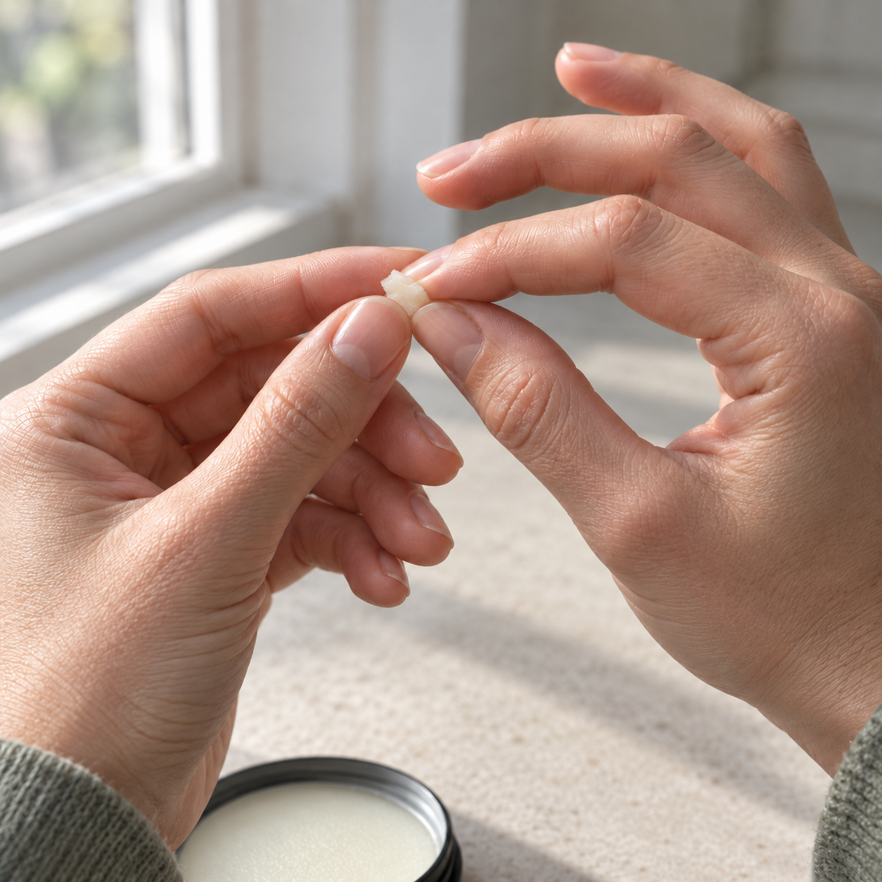 A small amount of balm being warmed between fingers